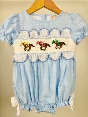 Smocked Pony Race Light Blue Baby One-Piece